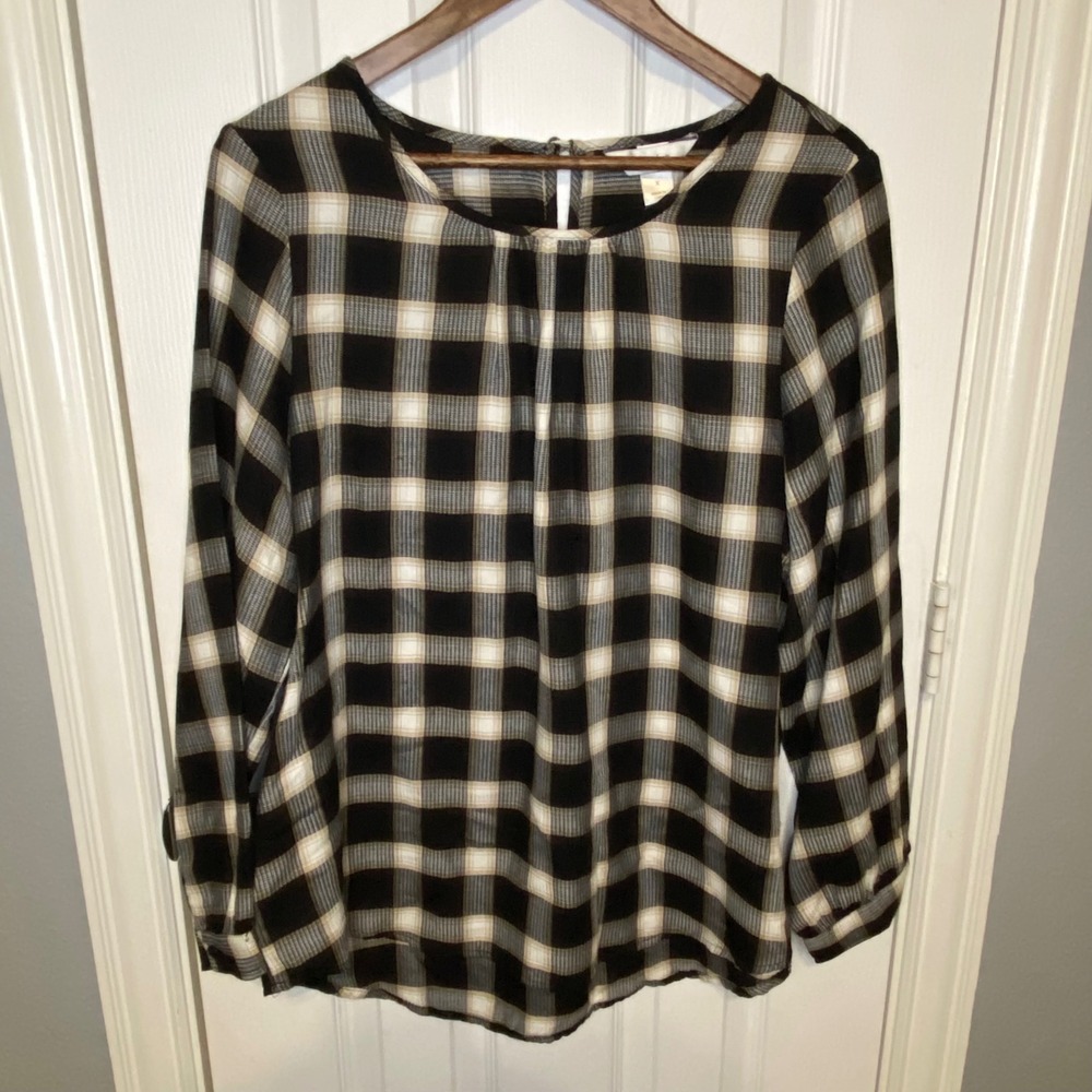 CJ Banks Womens Blouse Size X 14W Brown Cream Plaid Long Sleeve Keyhole Back Top